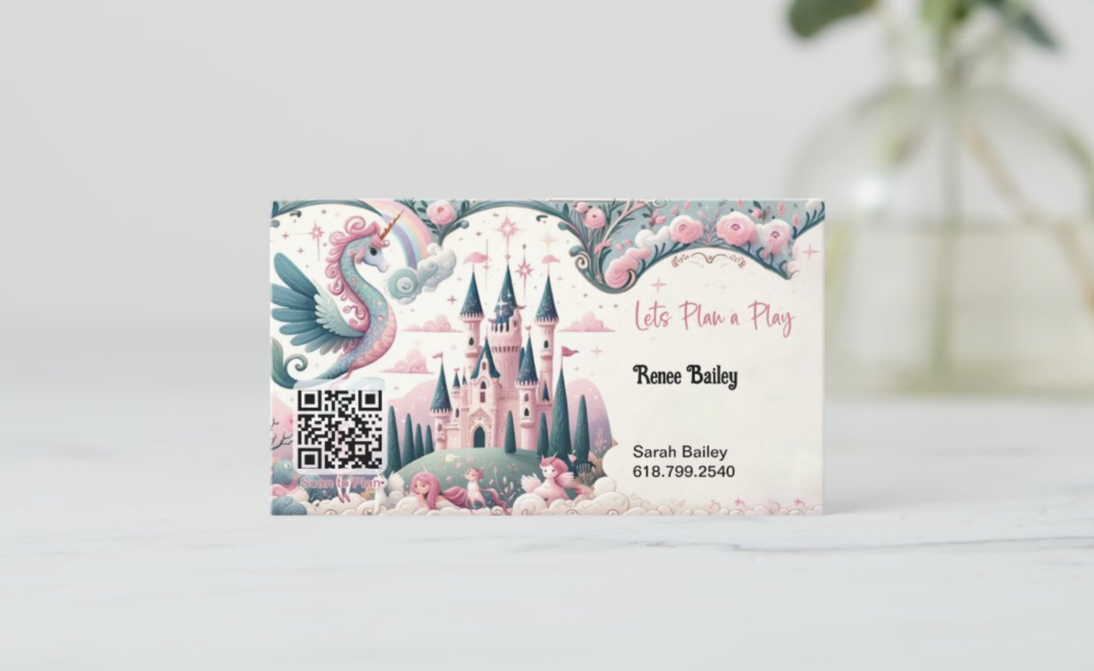 Example Plan A Play Card with fairy tale theme, QR code, and contact info